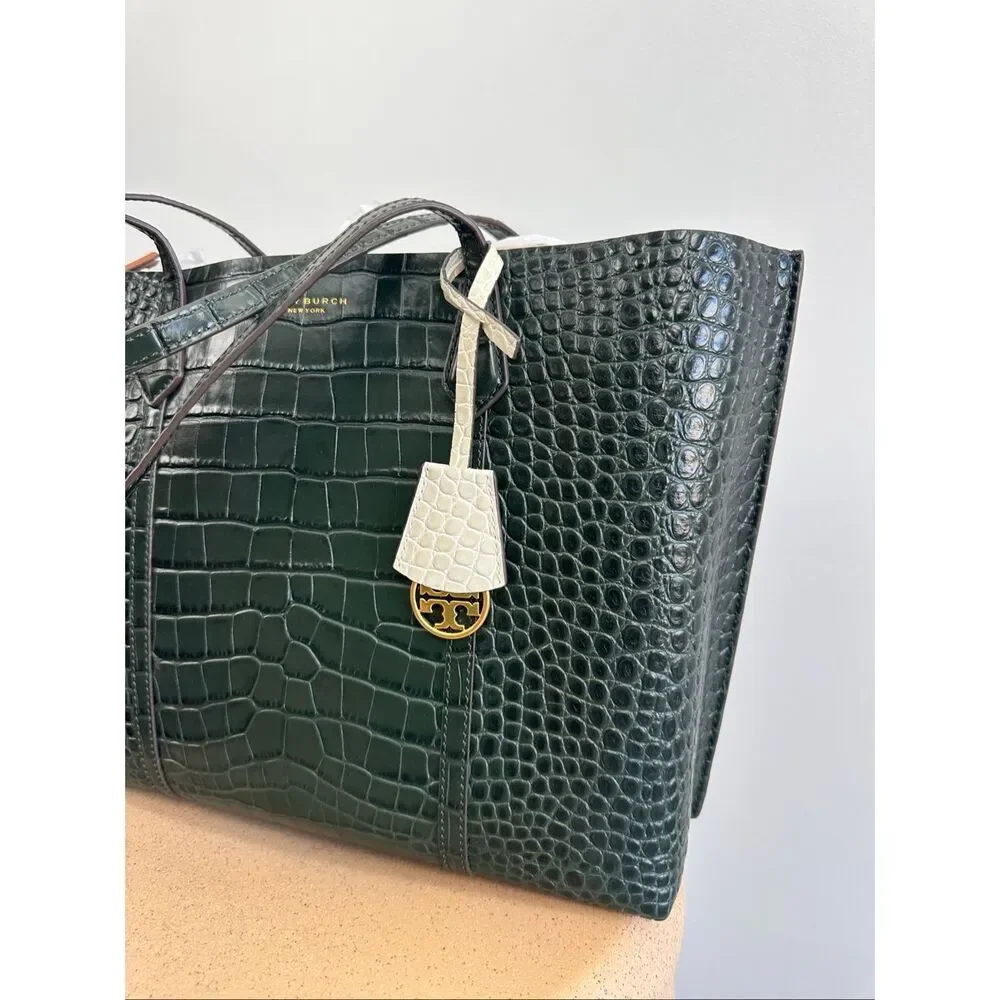 Tory Burch Perry Deep Kelp Green Embossed Triple Compartment Tote Bag